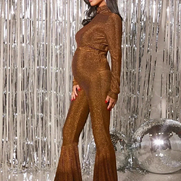 Gold Party Womens High Neck Glitter Top & Flare Leg Pants Set - Picture 4 of 5
